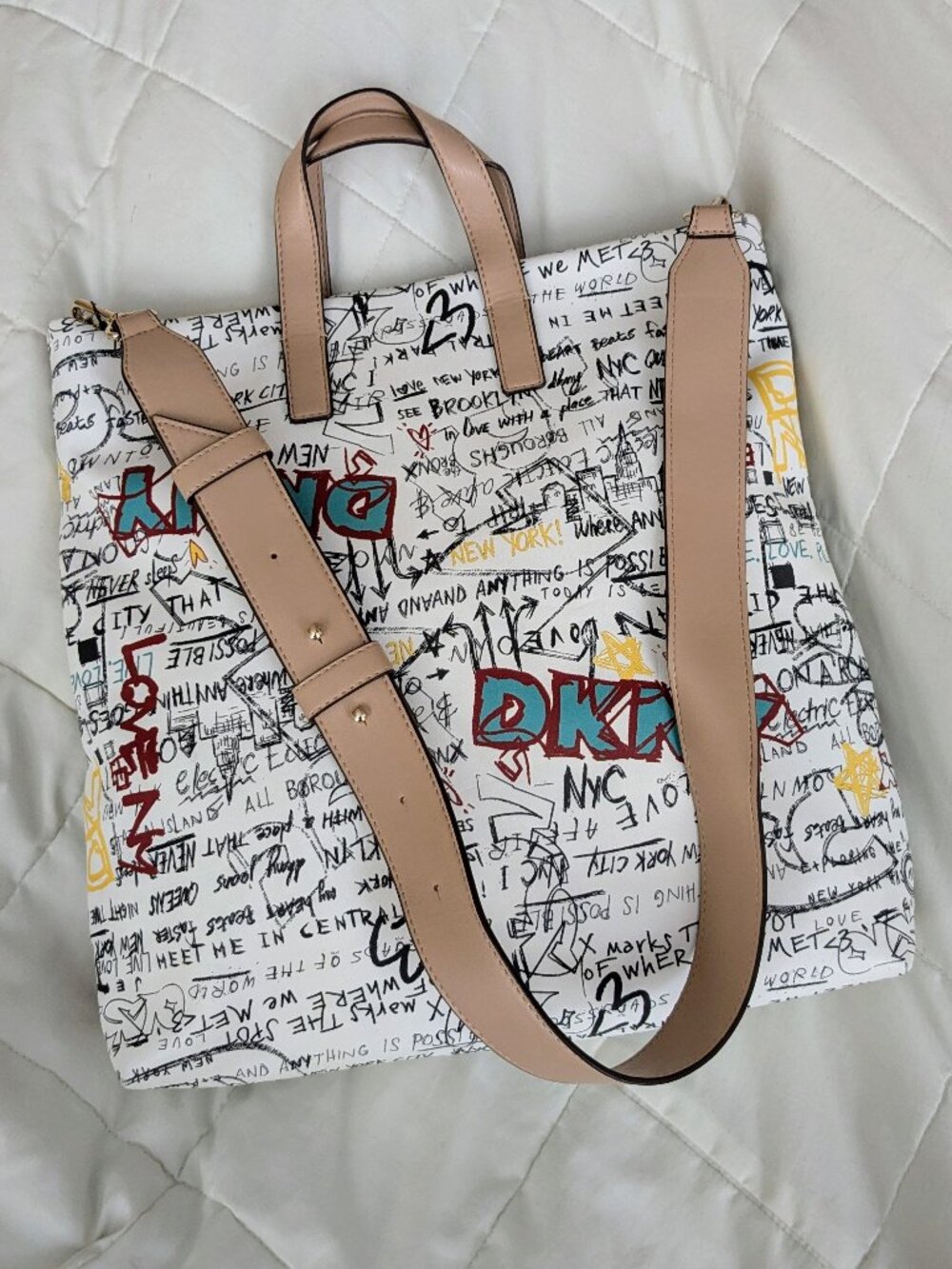 DKNY Tilly Graffiti Tote Bag With Strap White Black Teal Yellow Red NWOT